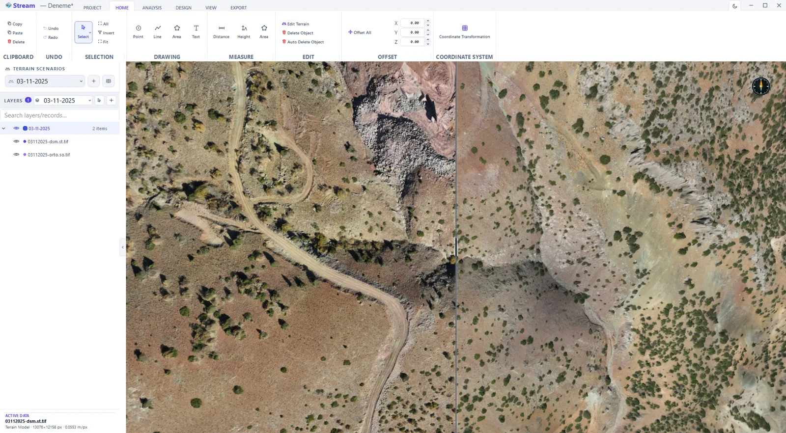 Compare Mode in STREAM: a draggable curtain with the later survey on the left and the earlier one on the right.