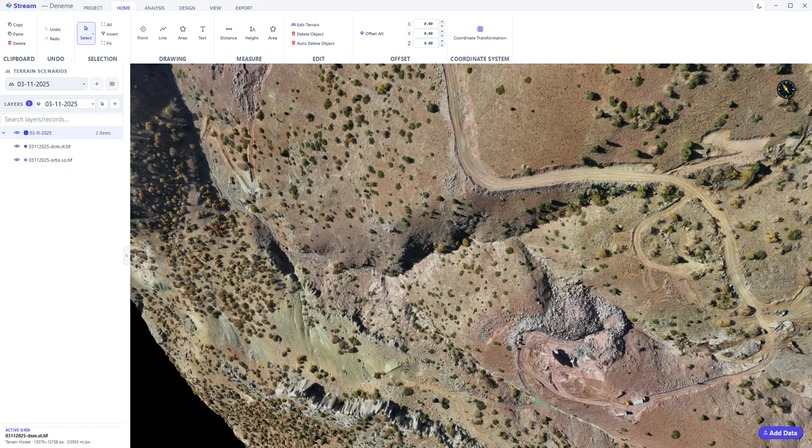 After a middle-button drag the camera orbits: the same quarry seen from an oblique angle.