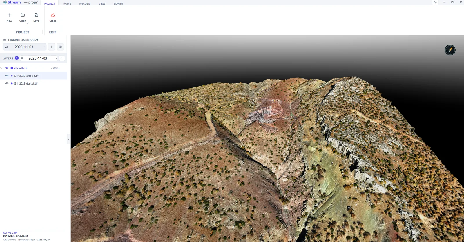 A drone orthophoto draped over the terrain in STREAM's 3D view, with the layer list and terrain scenarios in the side panel.