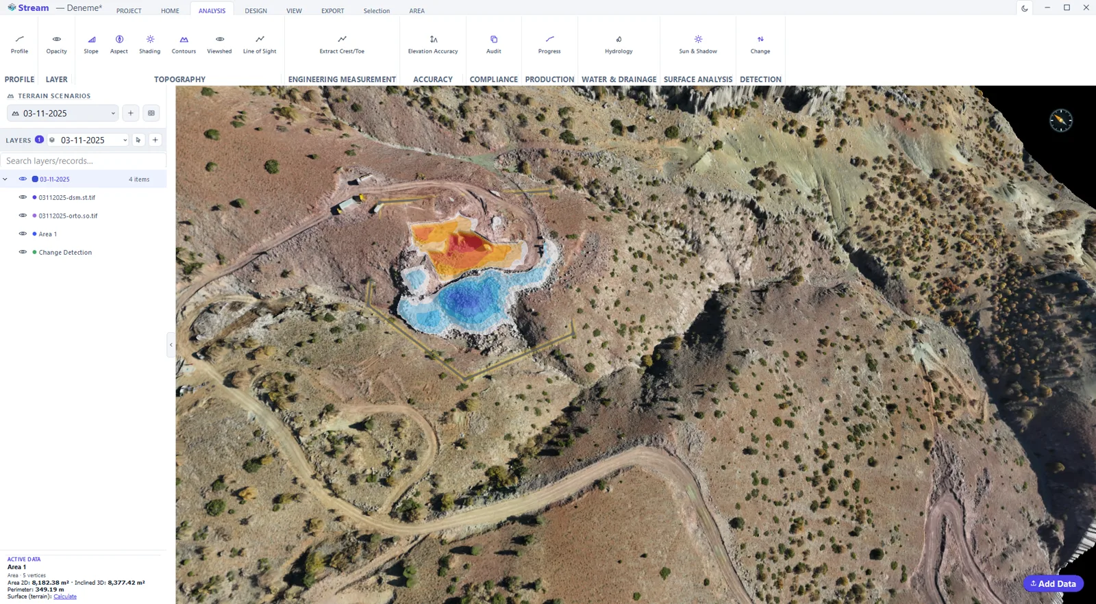 Change detection in STREAM between two drone surveys of the same quarry: where the surface dropped and where it rose are painted in two colour ramps inside the selected area.