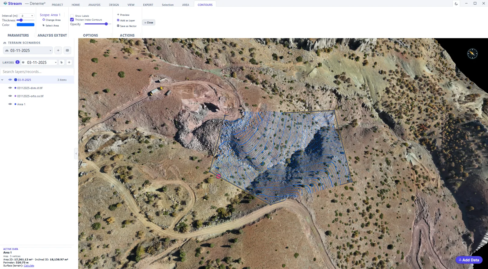 Contours generated inside a selected area, with interval, thickness, colour and label options on the CONTOURS tab.