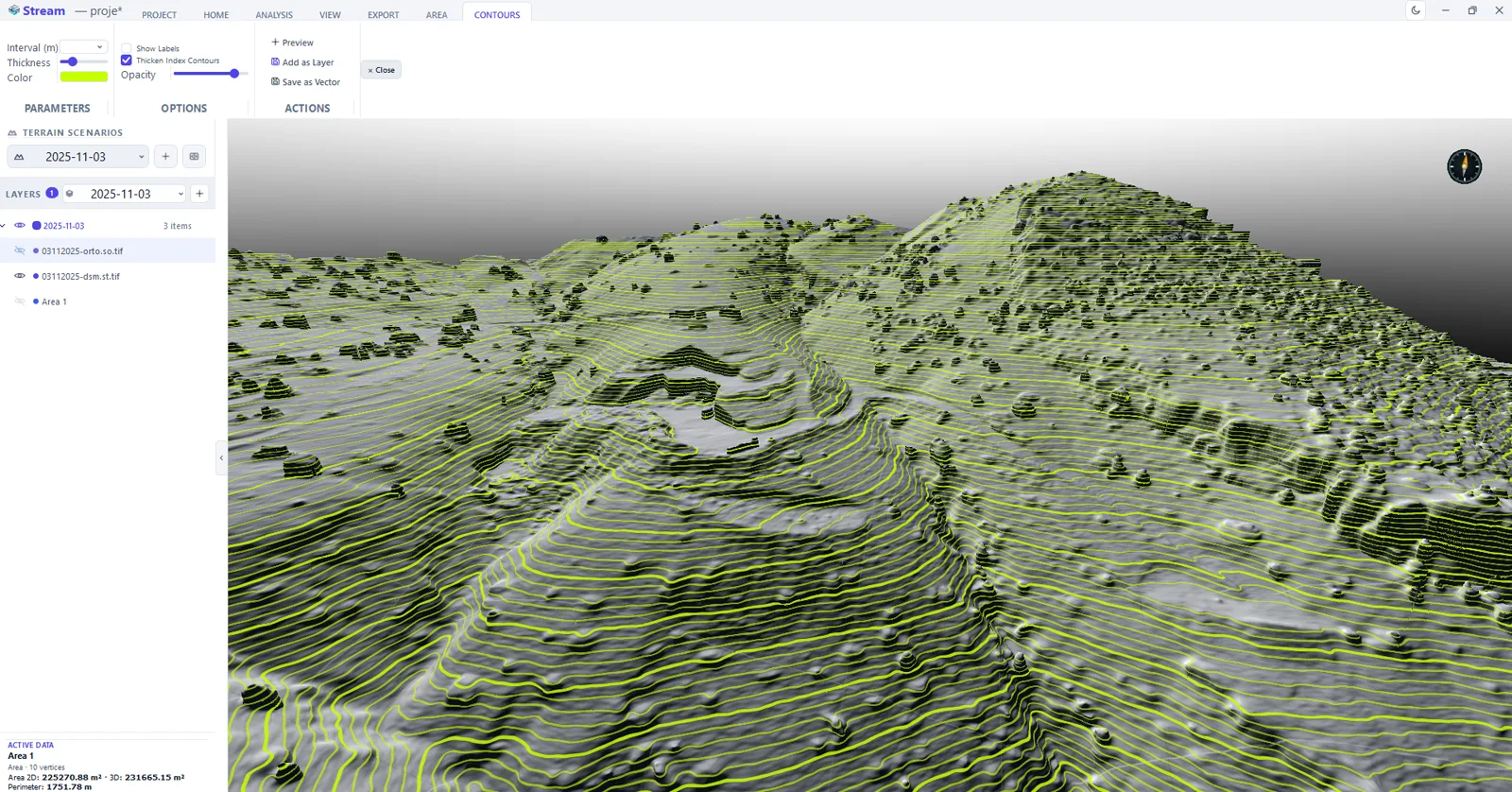 Contours generated from the terrain in STREAM and drawn over shaded relief, with interval, thickness and index-contour options.