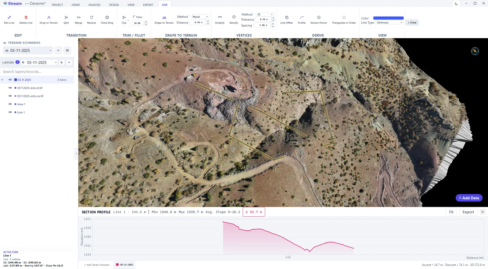 A section profile along a line drawn on the terrain: length, minimum and maximum elevation, average slope and elevation difference above the graph.