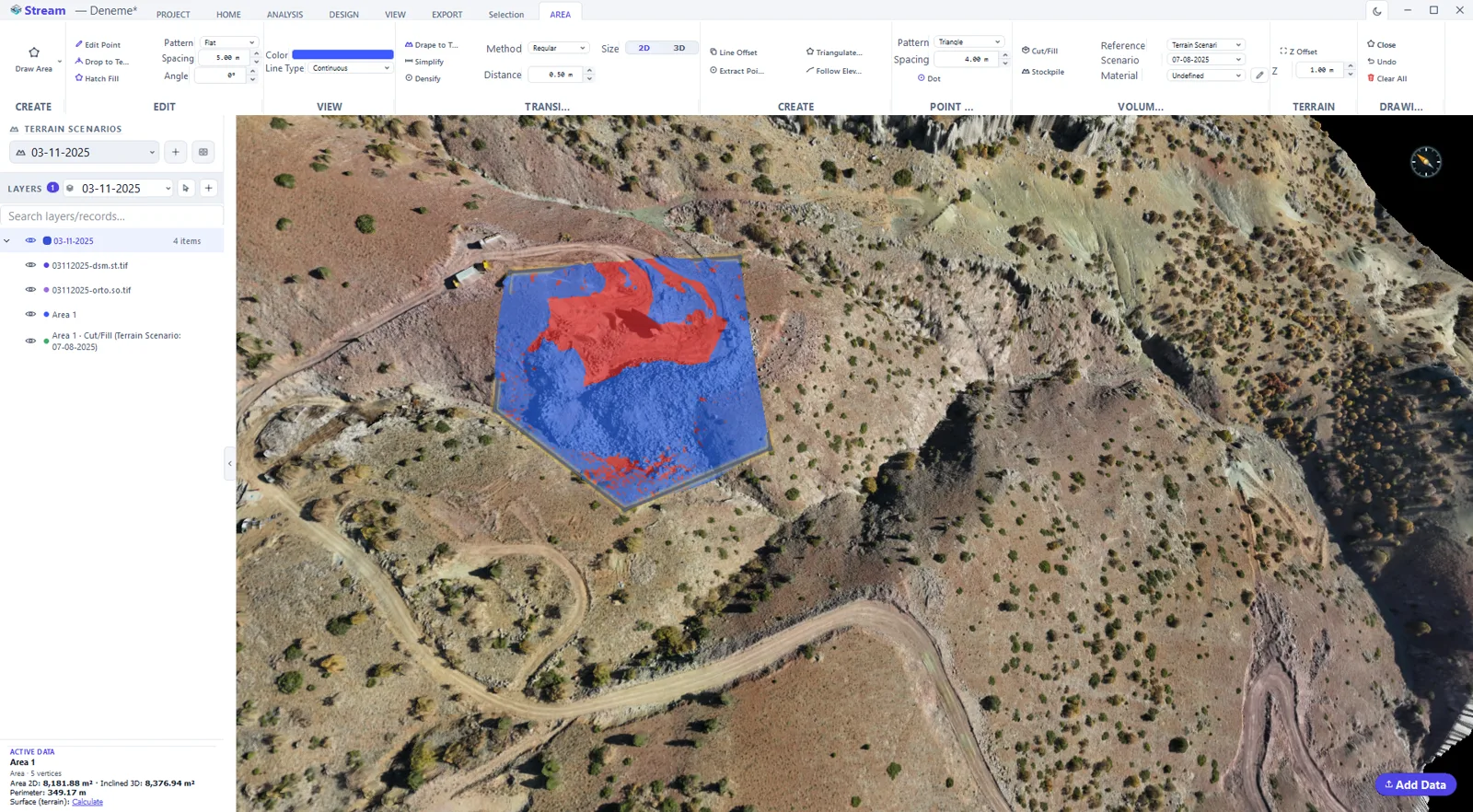 Cut and fill between two surveys of the same pit, painted inside a drawn area; the map is saved under the area in the layer list.