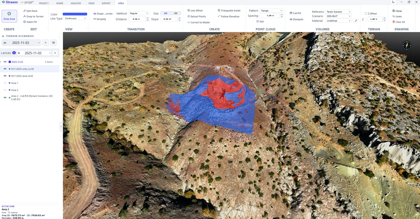 A cut and fill result in STREAM: cut shown in red and fill in blue inside a drawn area, computed against another terrain scenario.