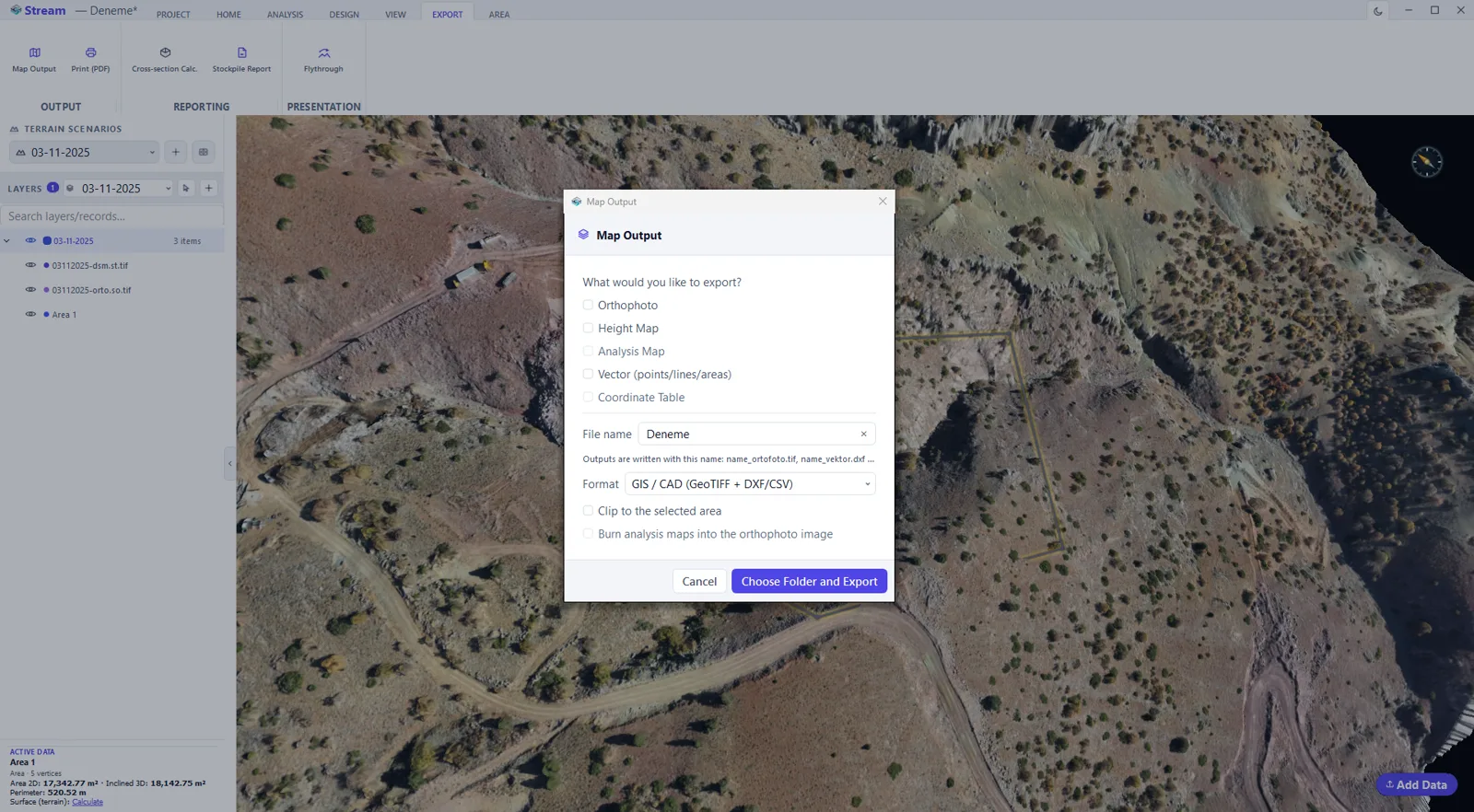 The Map Output dialog in STREAM: tick orthophoto, height map, analysis map, vectors or a coordinate table, choose the format and export to a folder.