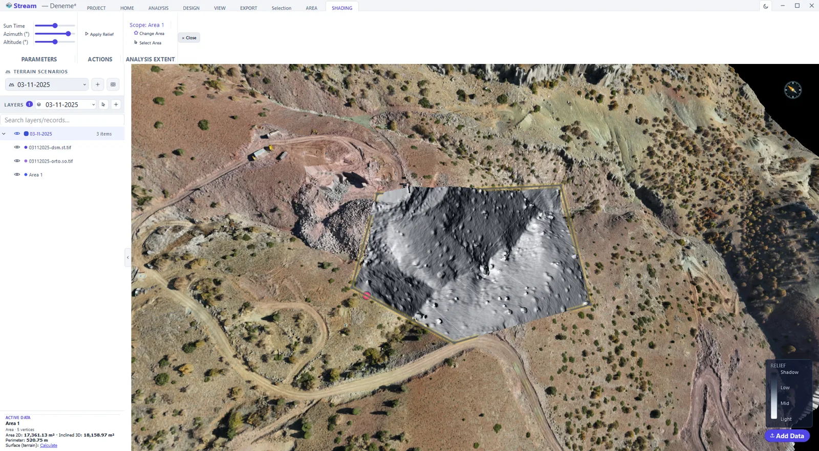 Shaded relief computed in STREAM inside a drawn area, with sun time, azimuth and altitude sliders on the SHADING tab.