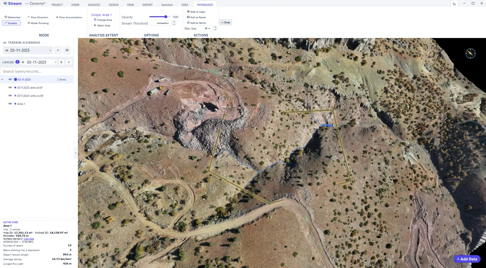 Streams mode: the stream line derived from the elevation model inside the analysis area.
