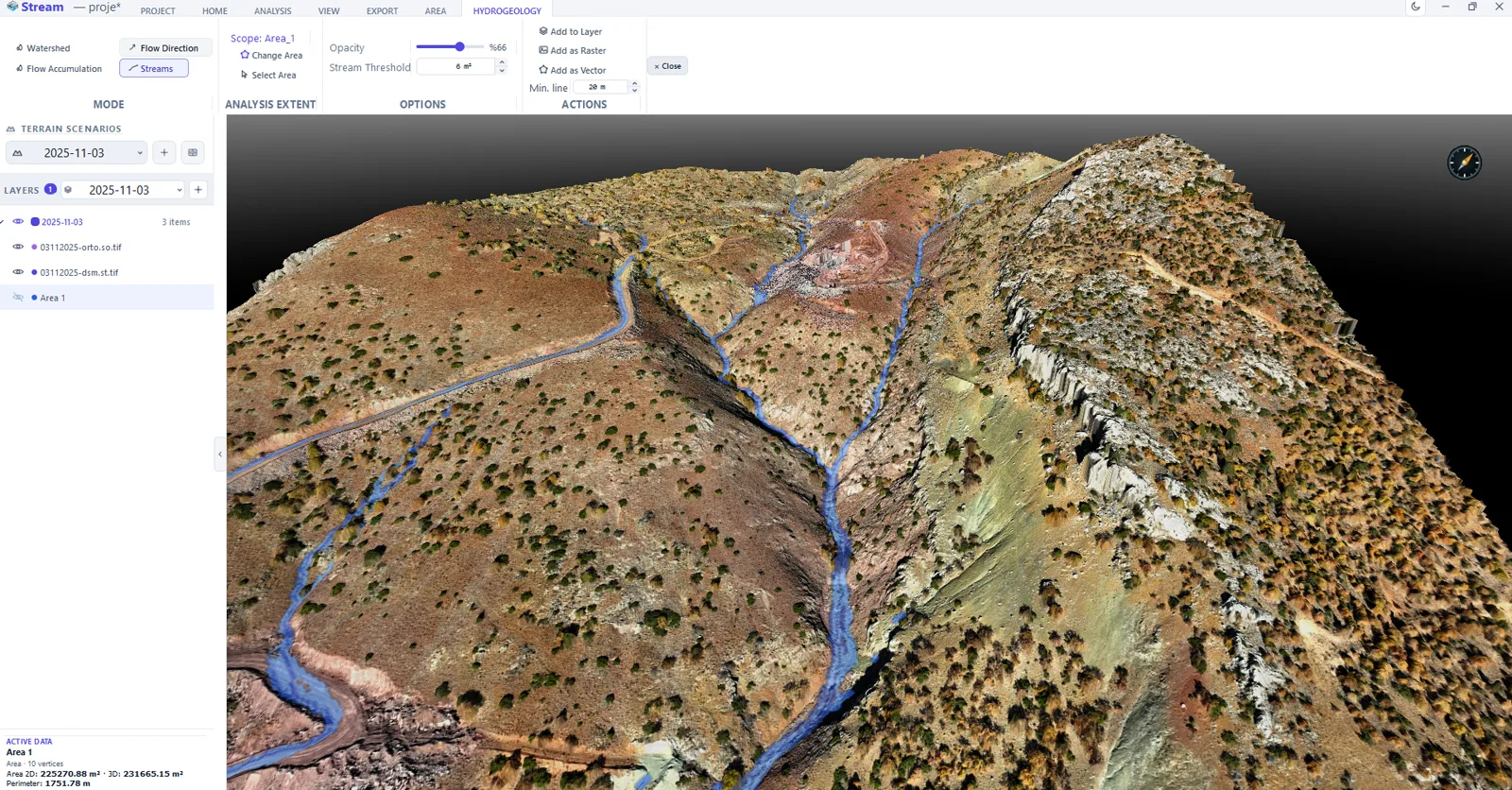 Hydrology analysis in STREAM: the derived stream network drawn over the terrain, with flow direction, flow accumulation and stream threshold controls.