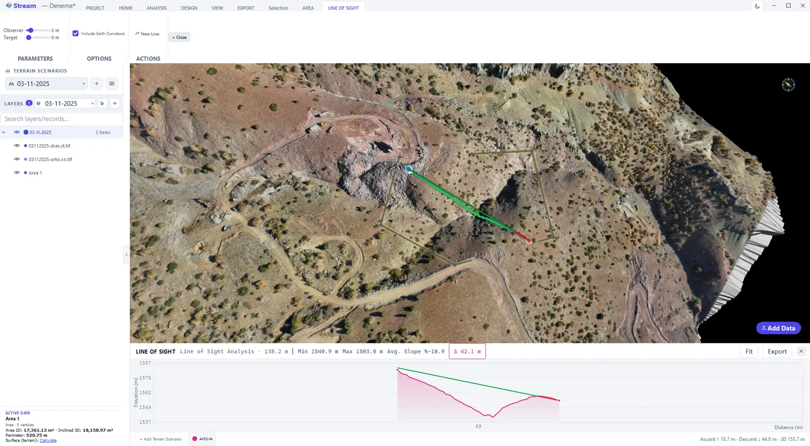 Line of Sight in STREAM: the sight line between two points on the terrain, the visible part in green and the blocked part in red, with its profile below.