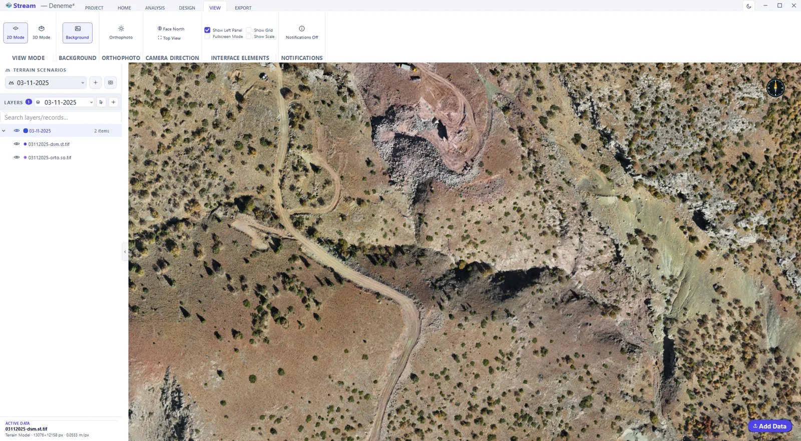 2D Mode in STREAM: the camera is locked top-down and the orthophoto behaves like a plan sheet.