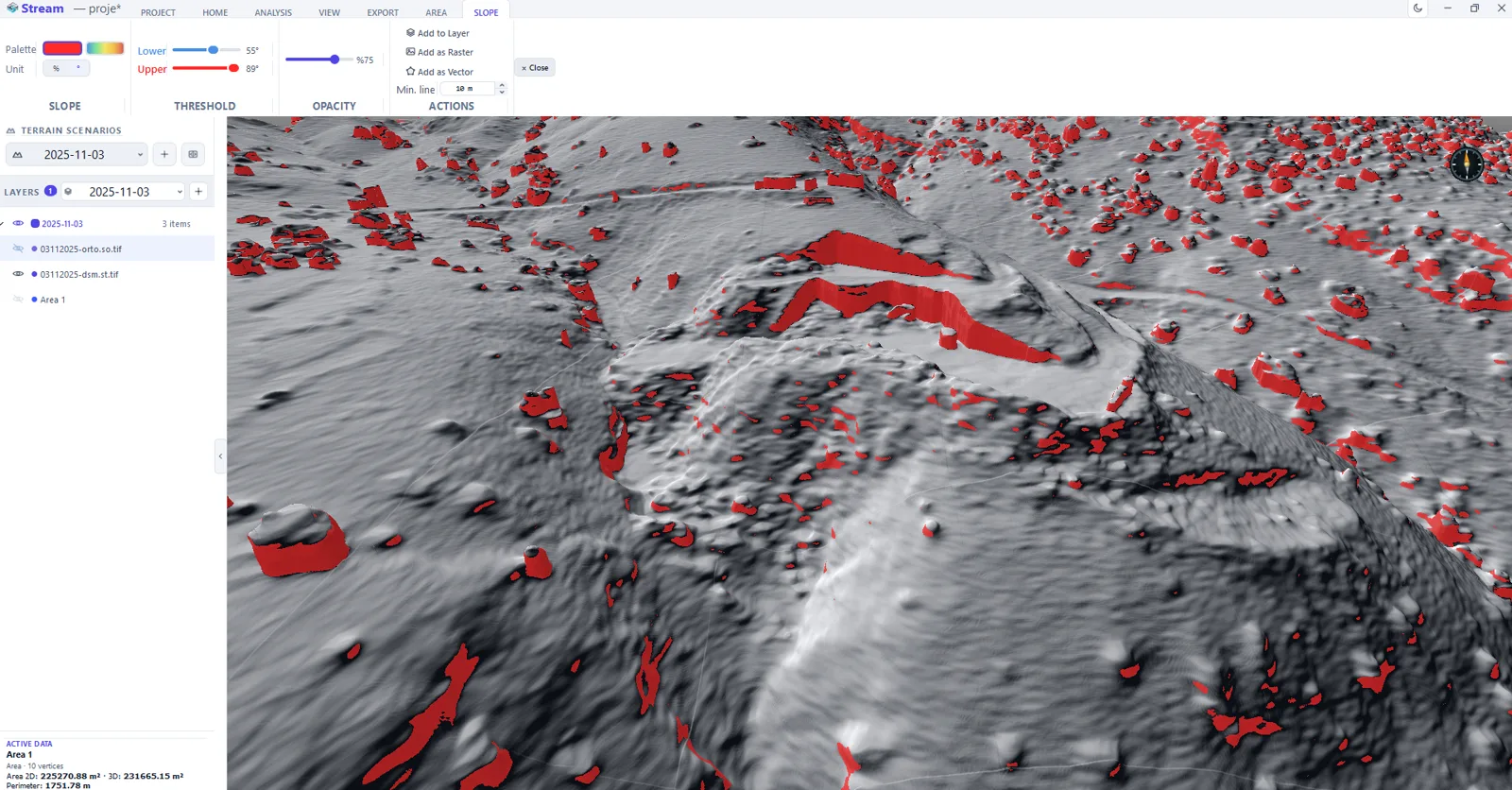 Slope analysis in STREAM with a 55°–89° threshold: over-steep ground picked out in red on shaded relief.