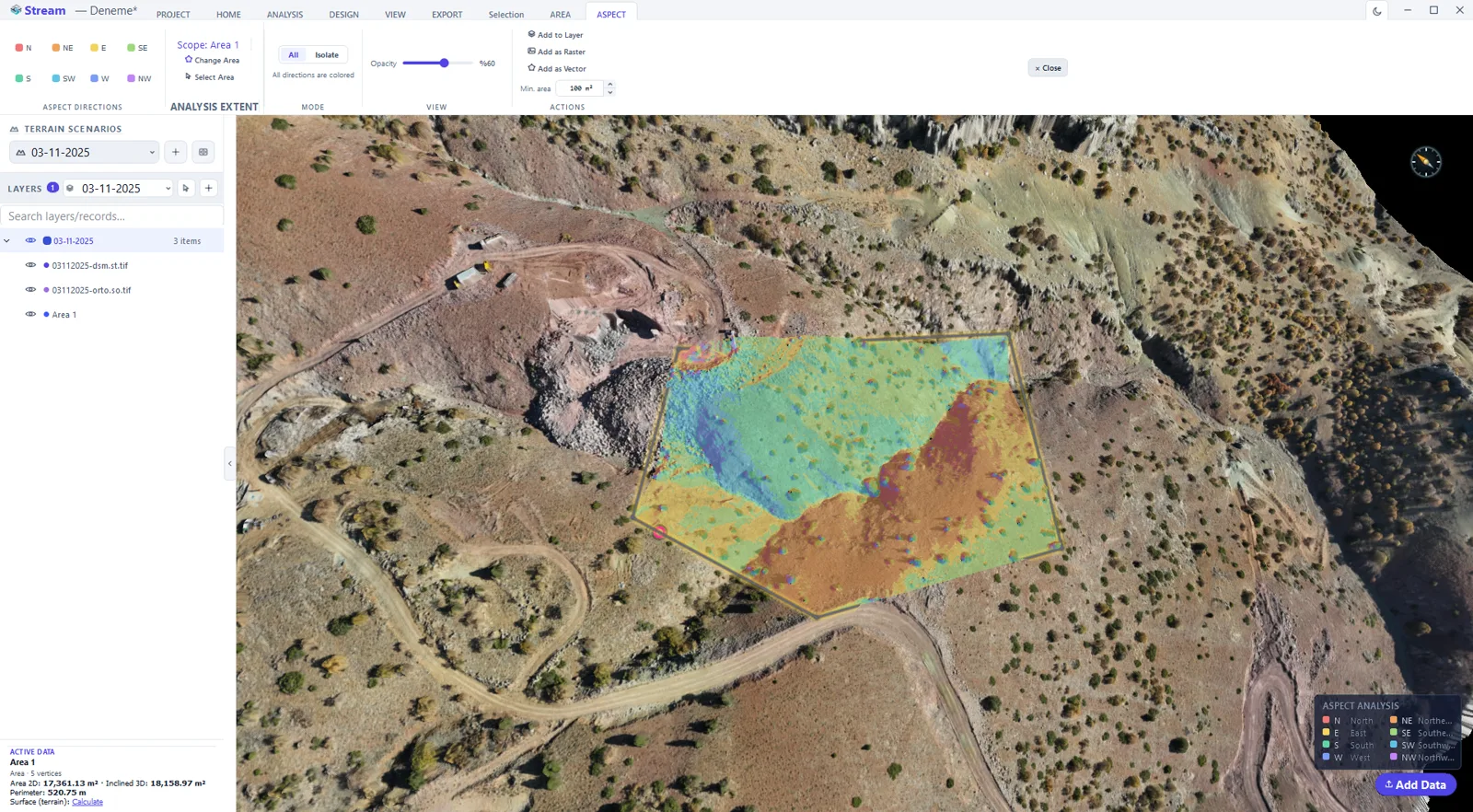 Aspect analysis in STREAM inside a drawn area: each colour is the compass direction the slope faces.