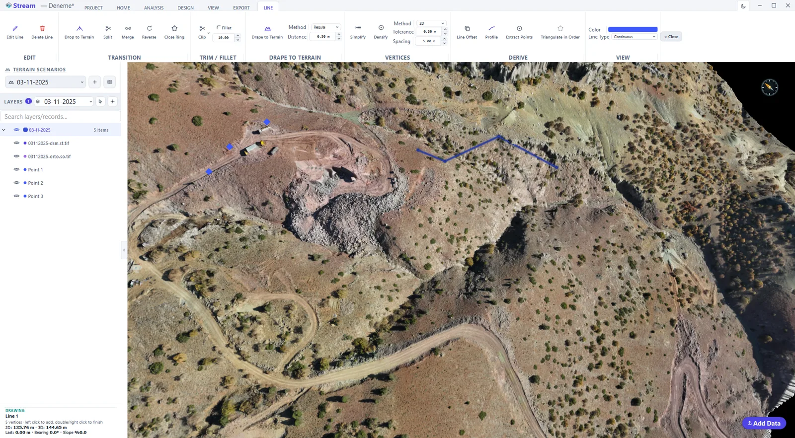 Drawing a line in STREAM: every click adds a vertex on the terrain, and the LINE tab holds split, merge, drape, simplify and offset.