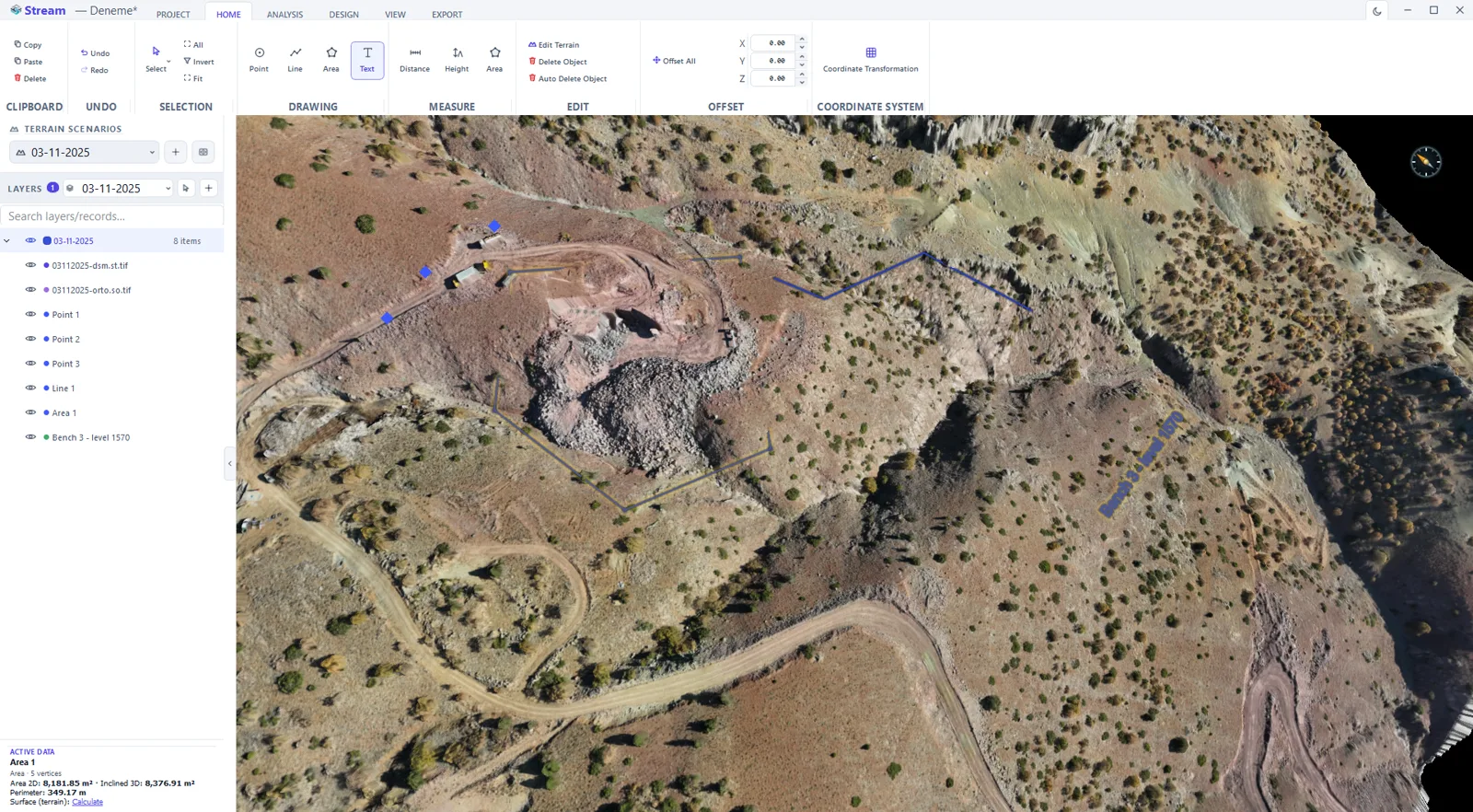 A text label placed on the terrain in STREAM and listed with the points, the line and the area in the layer list.