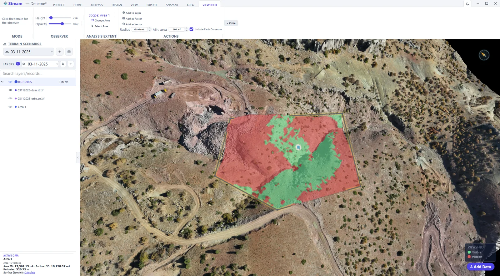 A viewshed in STREAM from an observer point clicked on the terrain: ground that can be seen is green, hidden ground is red.