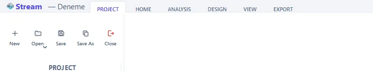 The PROJECT tab: New, Open, Save, Save As and Close.
