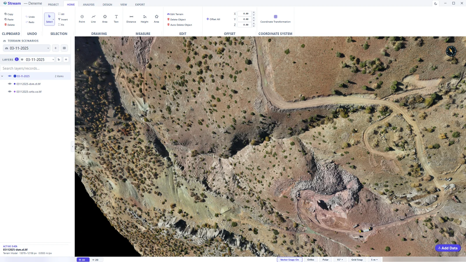 After a middle-button drag the camera orbits: the same quarry seen at an angle.