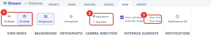 The VIEW tab. 1 — view mode, 2 — camera direction, 3 — grid and scale bar.