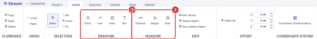 The HOME tab. 1 — the DRAWING group, 2 — the MEASURE group.