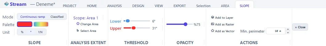 The SLOPE tab: mode, palette, unit, analysis extent, threshold, opacity and actions.