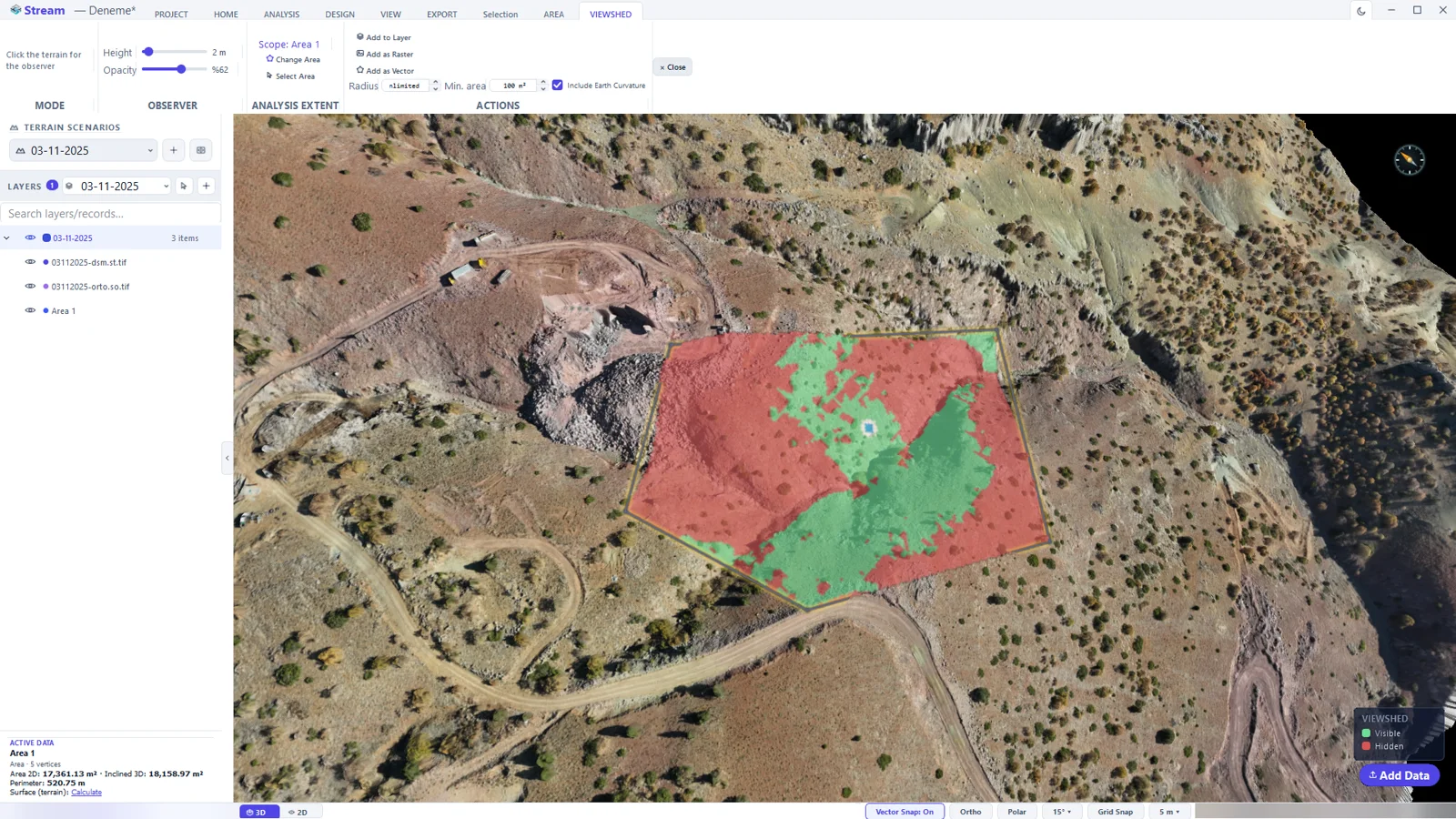 Viewshed from the clicked observer point: green is visible, red is hidden.