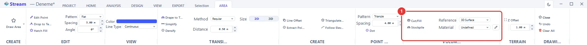 The AREA tab. The VOLUMES group (1) holds Cut/Fill, Stockpile and the reference settings.