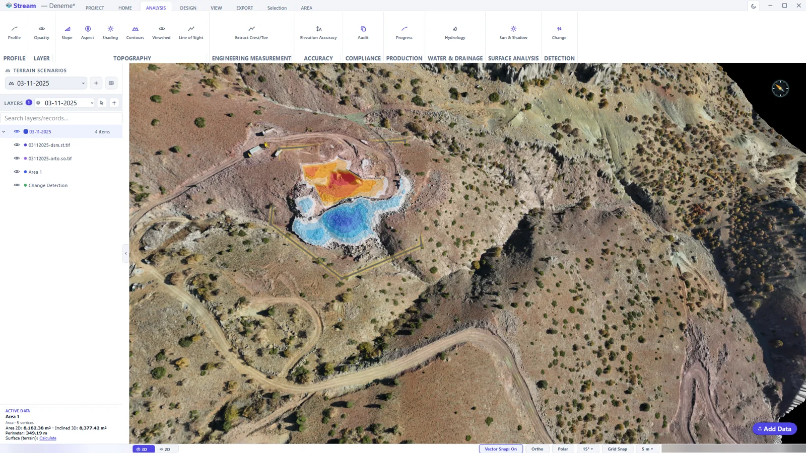 Change Detection between the two surveys: the excavation in orange and red, the new spoil heap in blue.