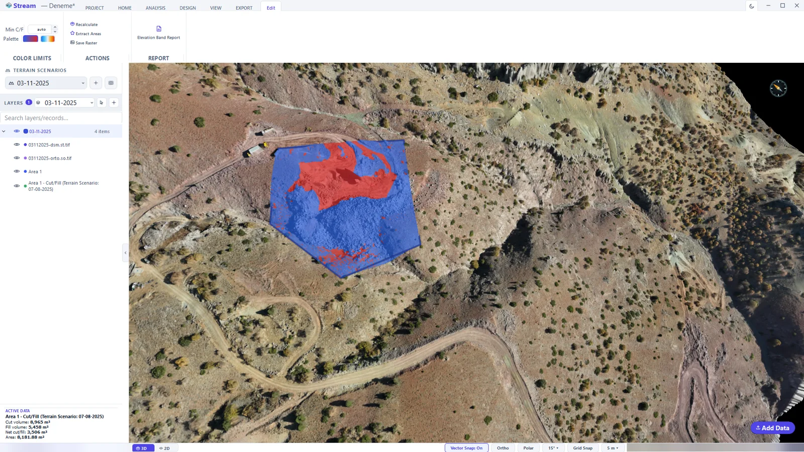 The cut/fill map selected: its Edit tab is open and the volumes are in ACTIVE DATA.