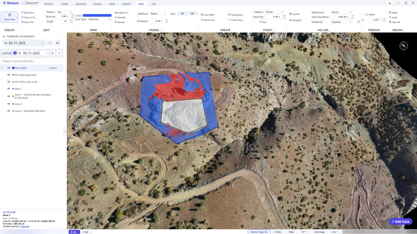 A stockpile measured against a flat base at its lowest point.