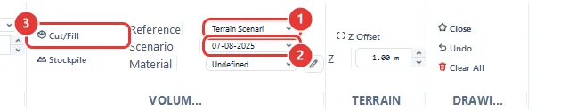 1 — Reference, 2 — Scenario, 3 — Cut/Fill.