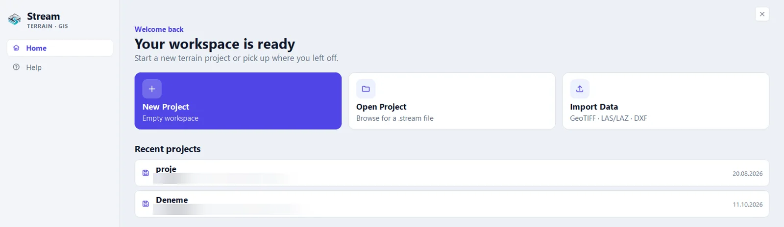 The Home Screen: three action cards, the recent projects list and the shortcut card.