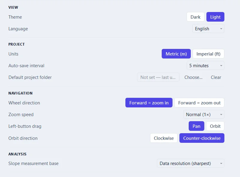Settings: theme and language, units, navigation.
